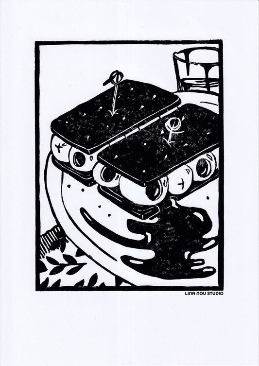 'Odd Food Combos: Bourbons & Olives' Lino Print (smooth paper)