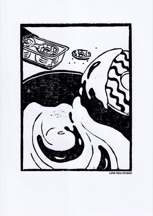 'Odd Food Combos: Yoghurt & Party Rings' Lino Print (smooth paper)