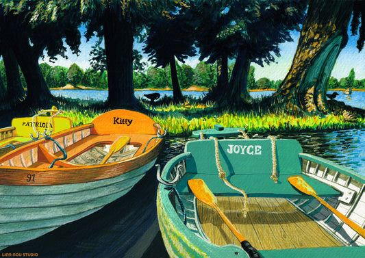 'Sunbathed Boats on the Water' Giclée Art Print