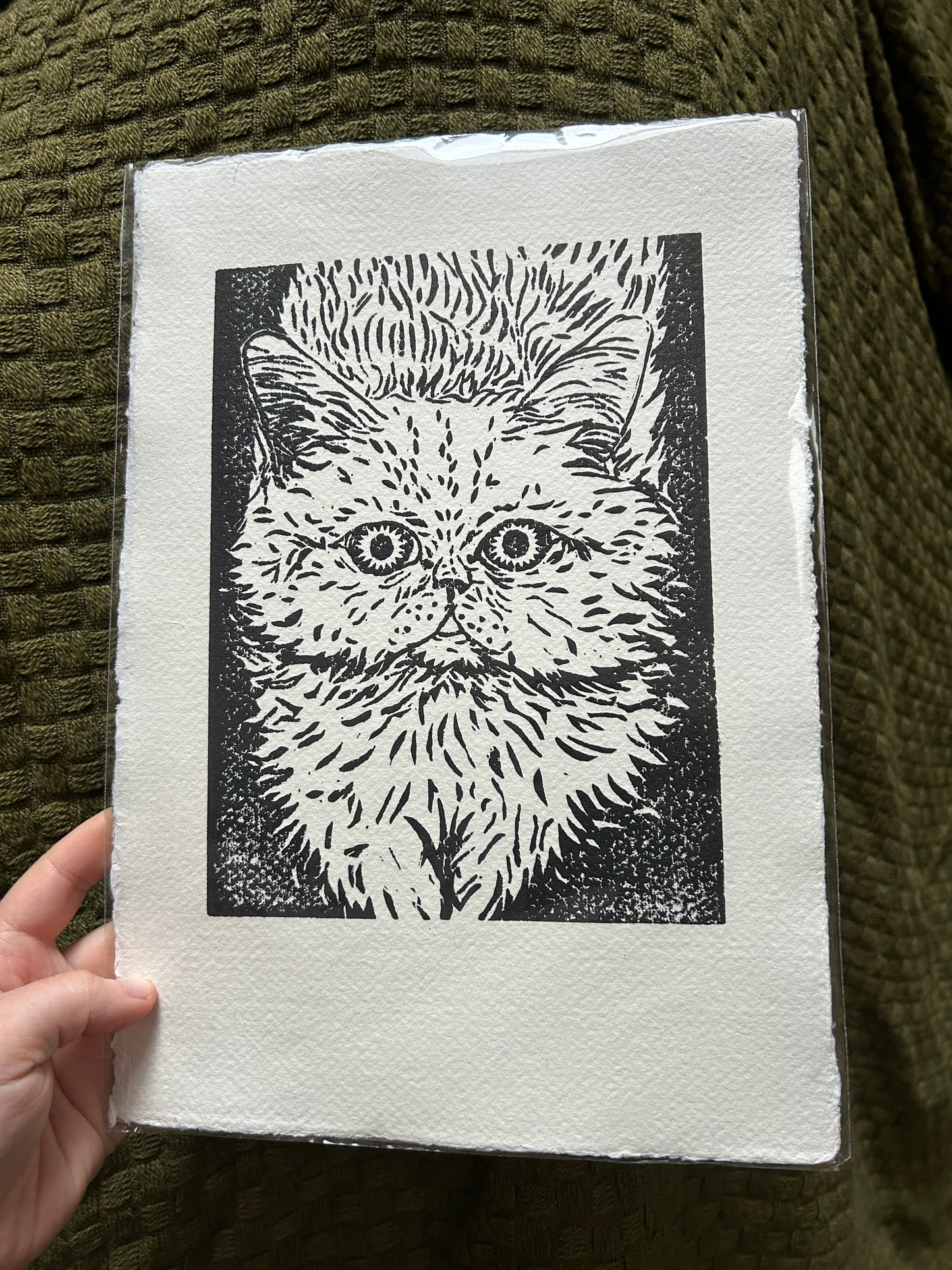 Joy the Cat' Lino Print (textured paper)