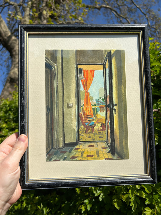 'Balcony Curtains (Breakfast in Beirut)' Gouache Painting (Framed)