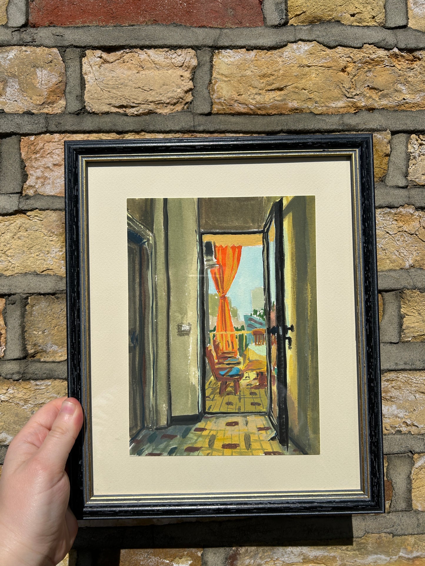 'Balcony Curtains (Breakfast in Beirut)' Gouache Painting (Framed)