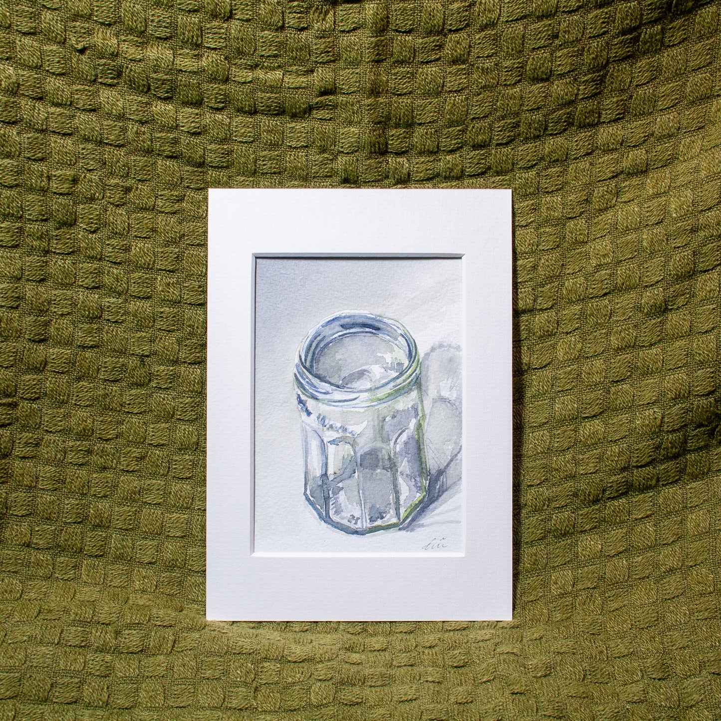'Empty Glass Jar on a Desk at Night 01' Watercolour Painting (mounted)