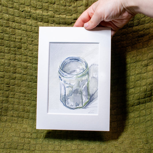 'Empty Glass Jar on a Desk at Night 01' Watercolour Painting (mounted)