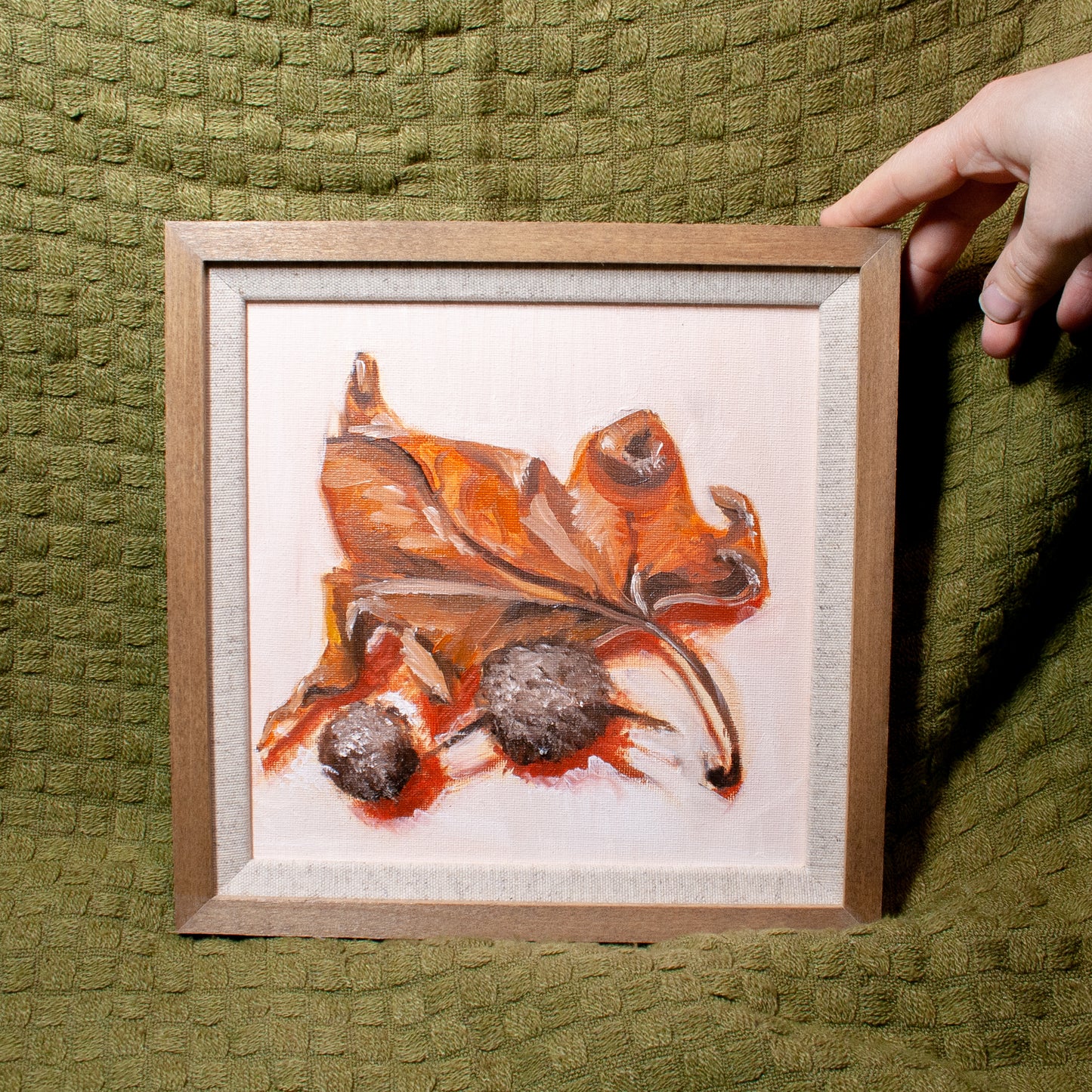 'Leaf & Pine Seeds 01' Oil Painting (Framed)