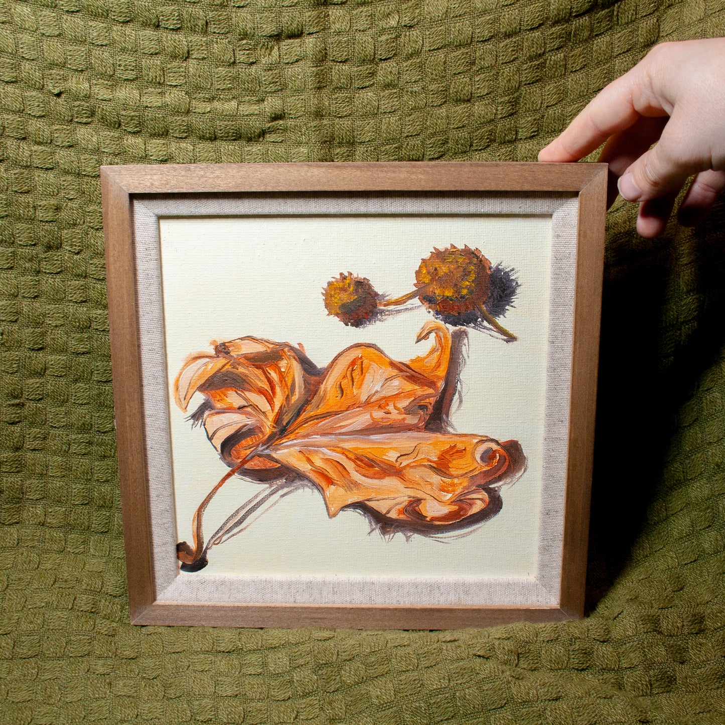 'Leaf & Pine Seeds 02' Oil Painting (Framed)