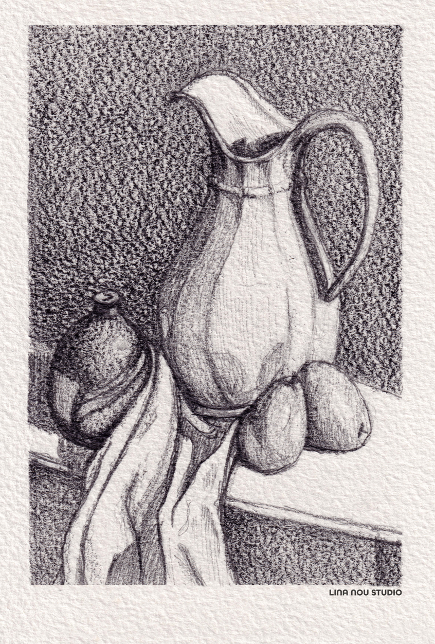 'Still Life Jug & Mangoes' Mounted Drawing