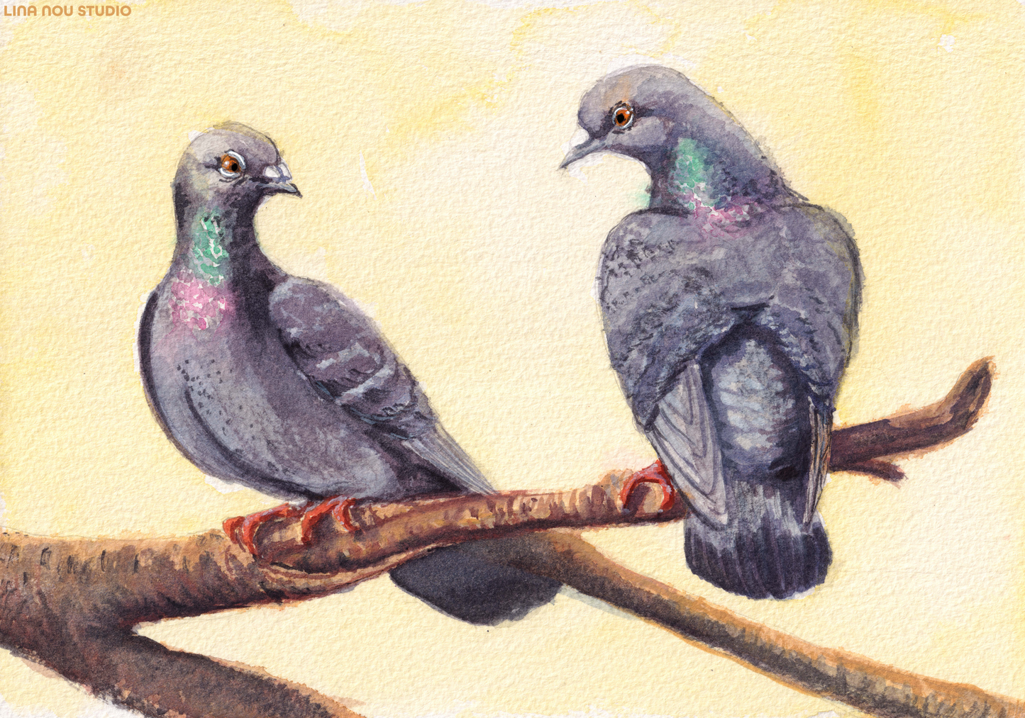 'Two Pigeons Gazing at Each Other' Mounted Painting