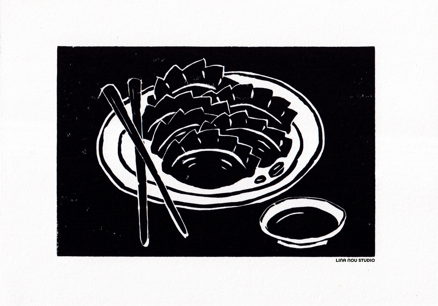 'Dumplings on a Plate' Lino Print (smooth paper)