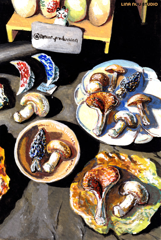 ‘Ceramic Starters (Mushrooms & Dumplings)' Gouache Painting (Framed)
