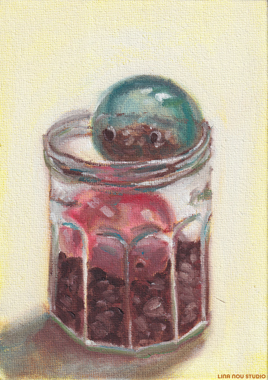 'Coffee Beans & Capules' Oil Painting (Framed)