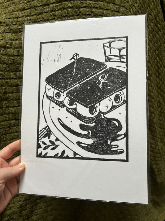 'Odd Food Combos: Bourbons & Olives' Lino Print (smooth paper)