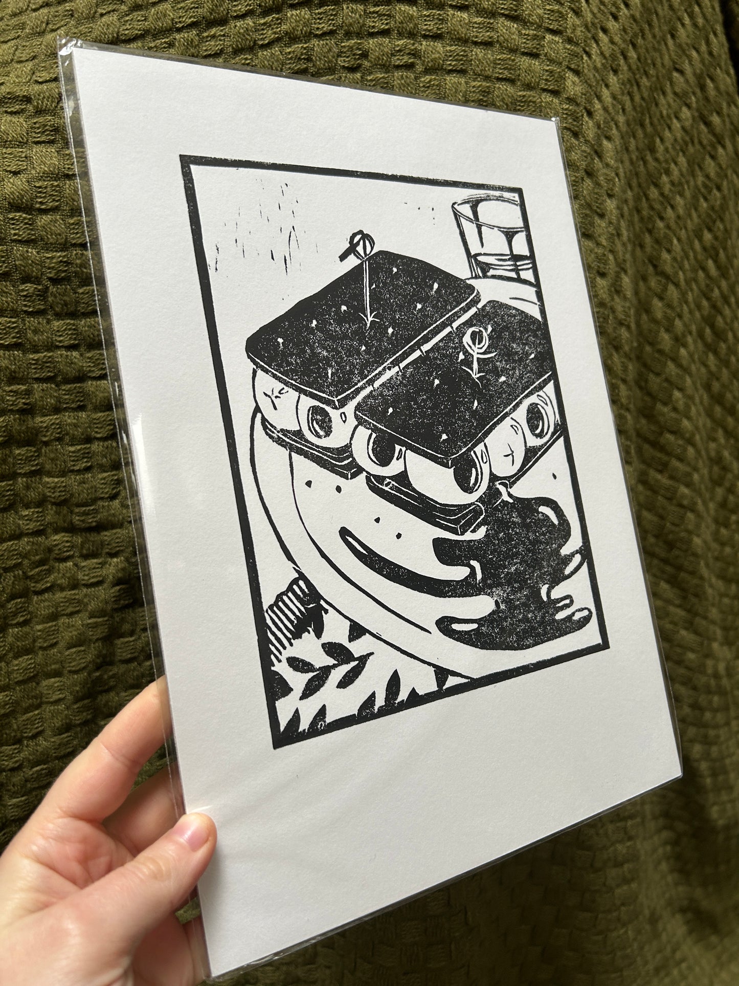 'Odd Food Combos: Bourbons & Olives' Lino Print (smooth paper)