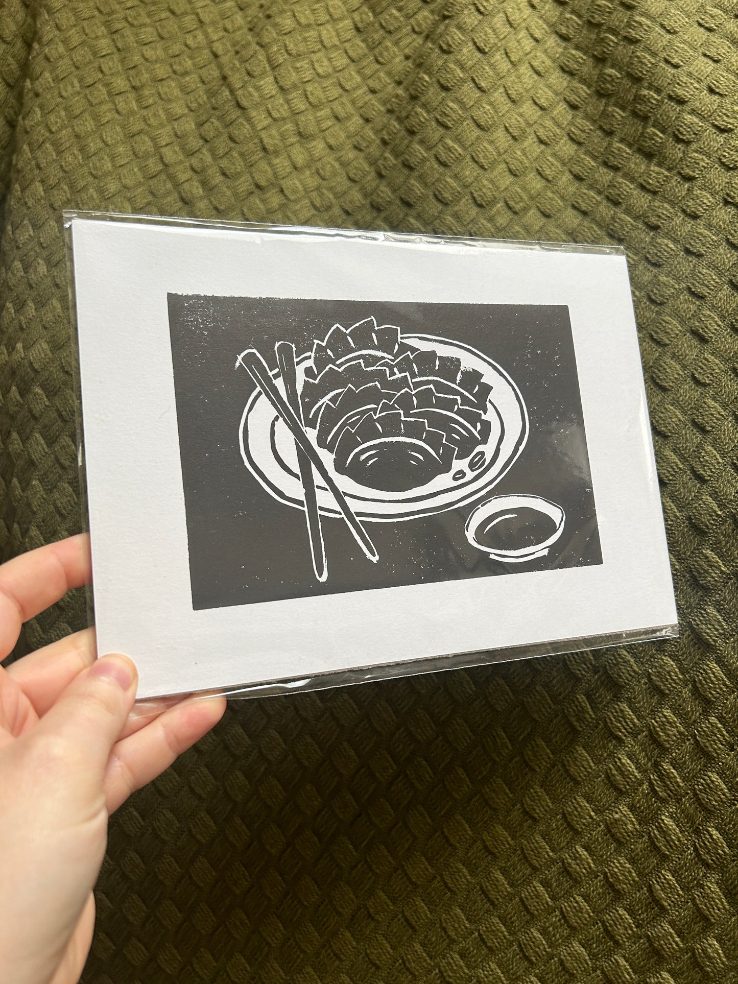 'Dumplings on a Plate' Lino Print (smooth paper)