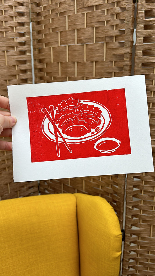 'Dumplings on a Plate' Lino Print (smooth paper)