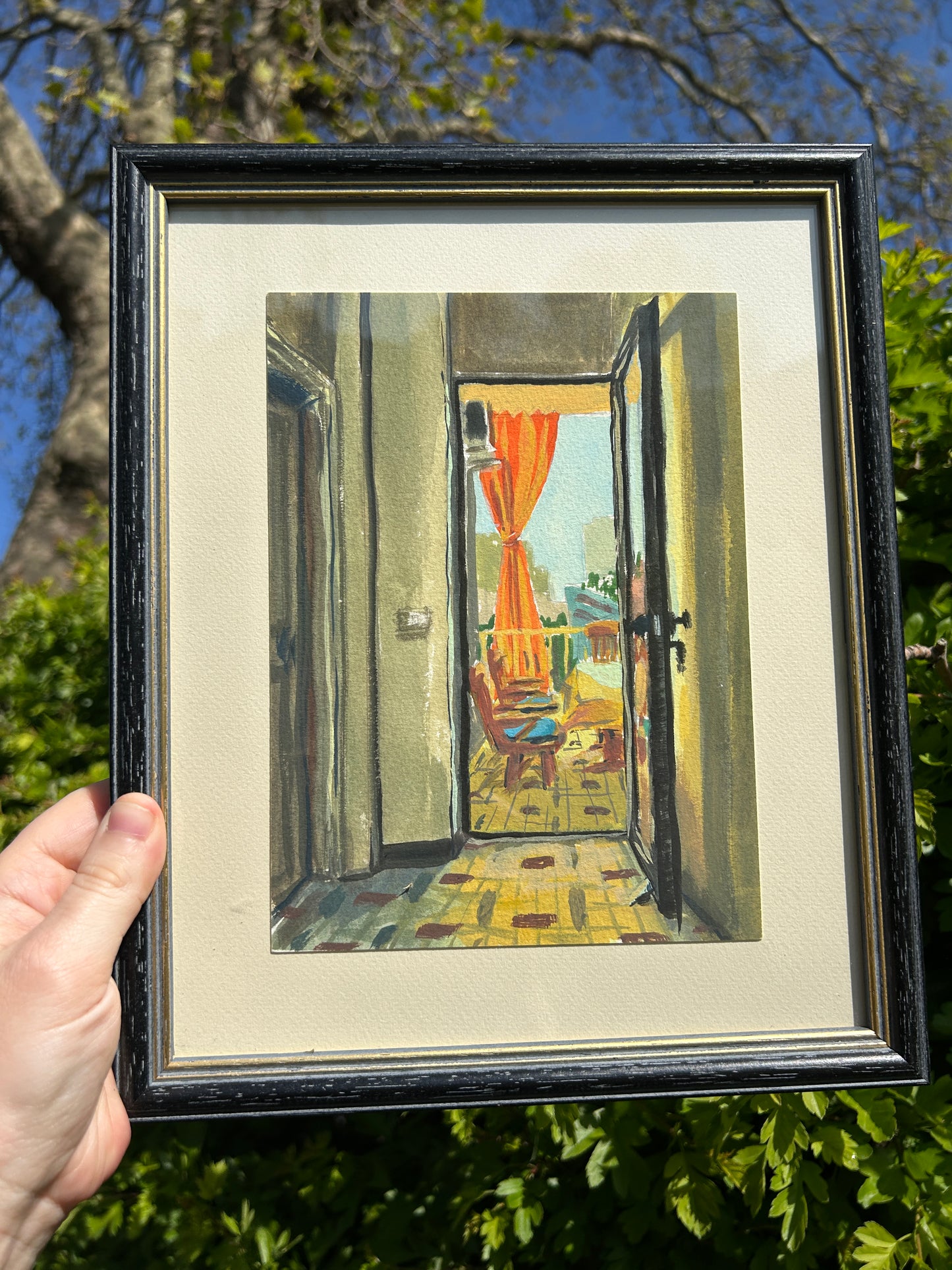 'Balcony Curtains (Breakfast in Beirut)' Framed Painting