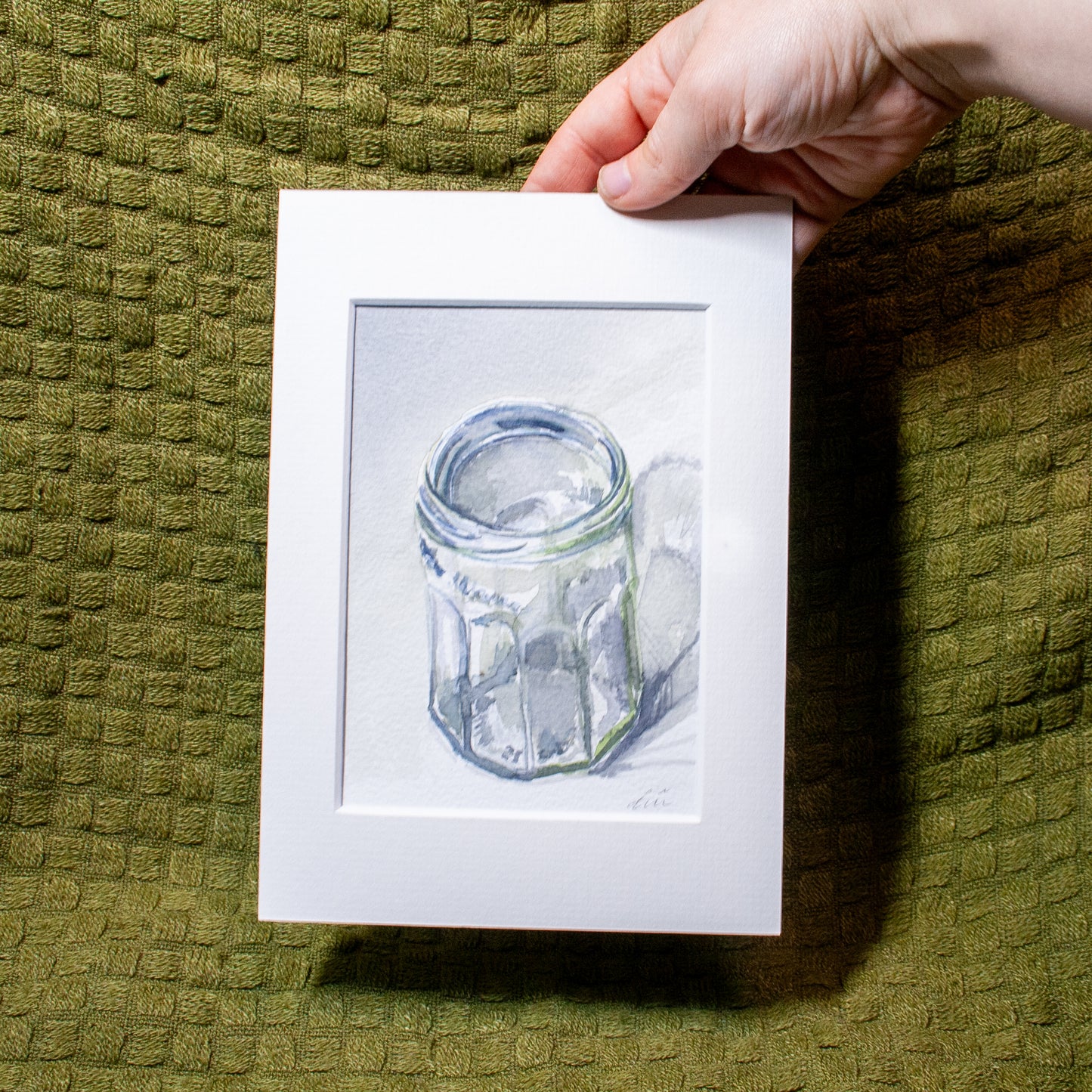 'Empty Glass Jar on a Desk at Night 01' Watercolour Painting (mounted)