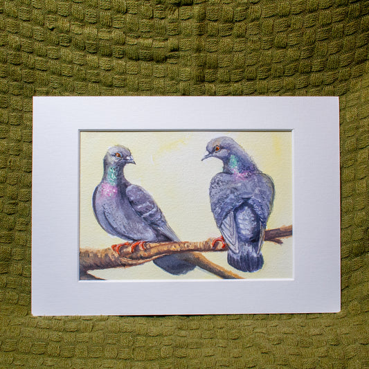 'Two Pigeons Gazing at Each Other' Mounted Painting