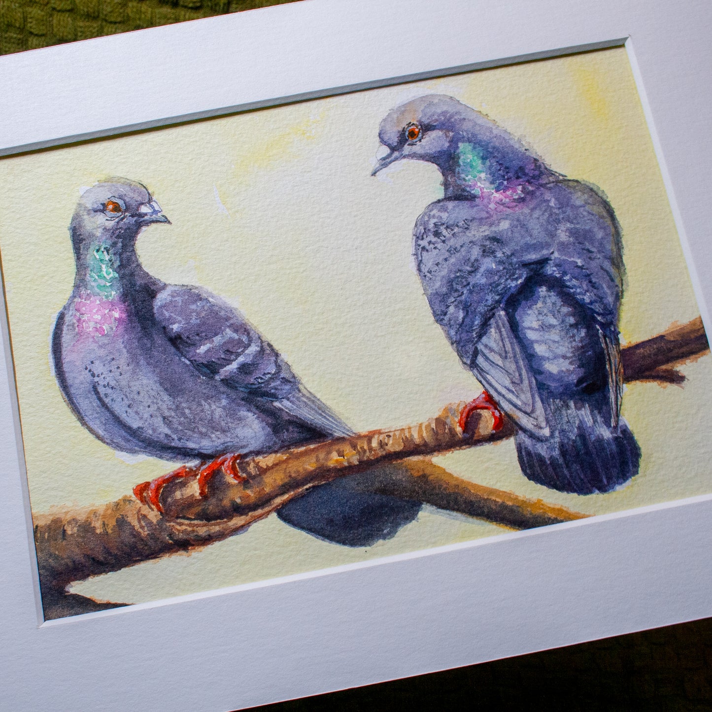 'Two Pigeons Gazing at Each Other' Mounted Painting