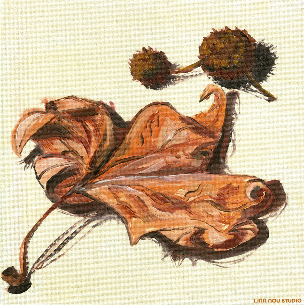 'Leaf & Pine Seeds 02' Framed Painting