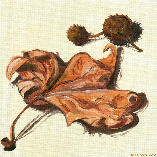 'Leaf & Pine Seeds 02' Oil Painting (Framed)