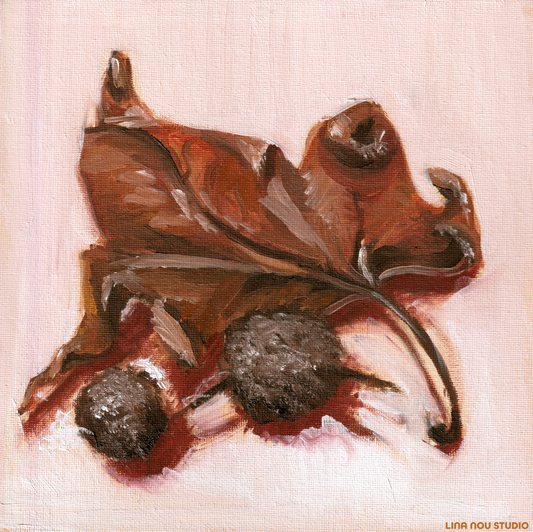 'Leaf & Pine Seeds 01' Oil Painting (Framed)