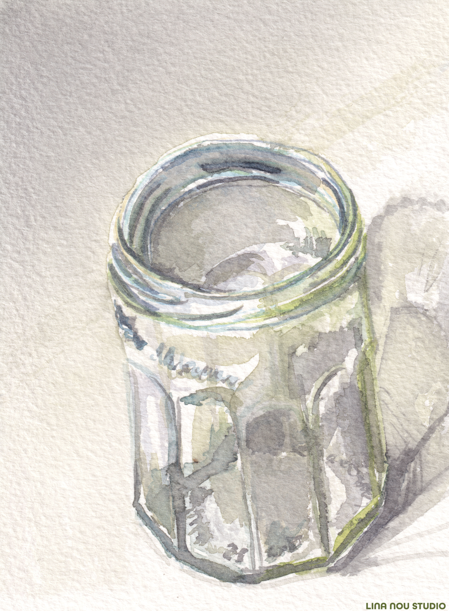 'Empty Glass Jar on a Desk at Night 01' Watercolour Painting (mounted)