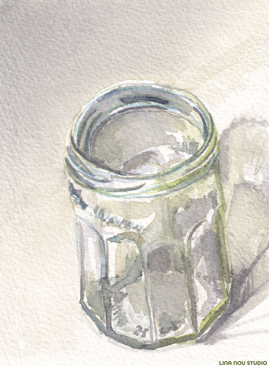 'Empty Glass Jar on a Desk at Night 01' Watercolour Painting (mounted)